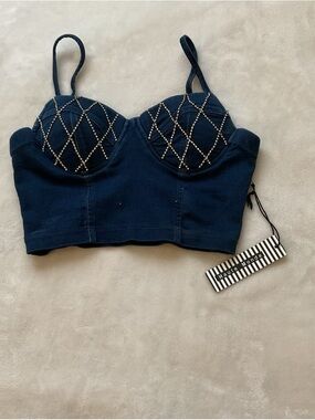 Haute Monde Navy Bustier Crop Top with Beaded Lattice